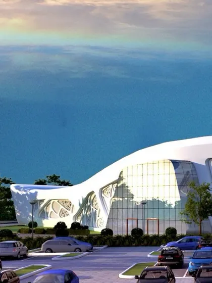 A render of the Cultural Centre at Bodh Gaya, showing its organic form against a serene backdrop.