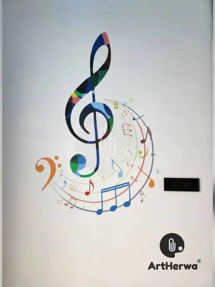 A colorful and abstract music-themed mural for a client in Mathura. The vibrant treble clef and musical notes create a dynamic and joyful piece of art.