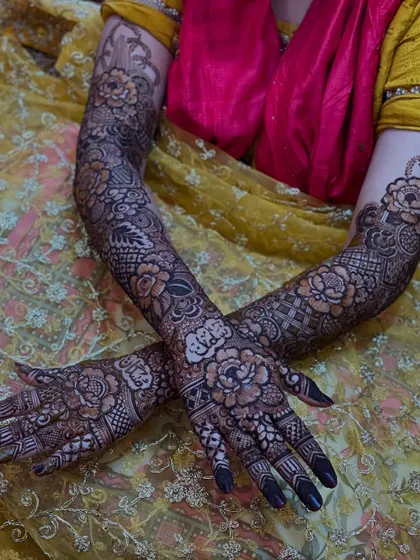 My signature bridal floral henna, featuring a mix of bold roses and delicate filler patterns for a classic yet modern look.