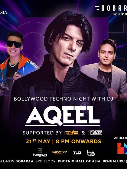 The official poster for the Bollywood Techno Night with DJ Aqeel, managed by BookMyArtists.com. A huge event for the city.