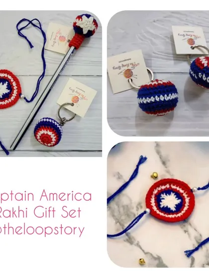 A Captain America themed Rakhi gift set, complete with a matching keychain. A perfect gift for a superhero fan.