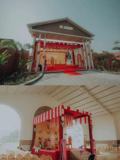 A look at the beautiful wedding venue, JK Lotus. The grand entrance and the intricately decorated mandap are ready for the ceremony.