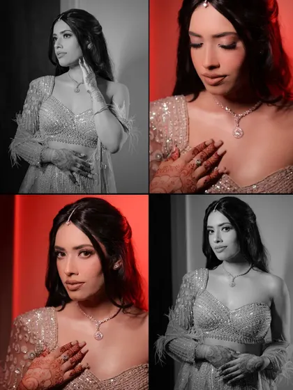 A quad of portraits of bride Proumya, using red lighting and black and white to create a glamorous and bold look.