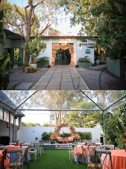 An elegant engagement setup at The Backyard. This shows how the intimate space can be transformed with beautiful decor, featuring a floral arch and comfortable seating, making it ideal for engagements, baby showers, or milestone birthdays.