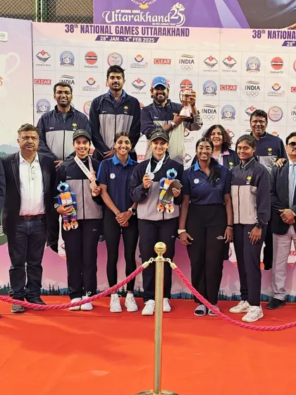 The entire Bronze medal-winning Karnataka Tennis Team at the 38th National Games, featuring our player and coach. A fantastic team achievement.