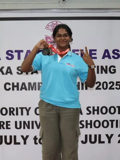 Ahana proudly displays her bronze medal won in the Air Rifle Under-14 category at the CISCE Regional Shooting Championship.