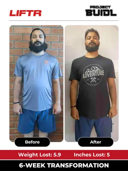 Ravi Kiran dropped nearly 6 kg and 5 inches in just 6 weeks. This front-facing photo shows his noticeable progress in getting stronger and leaner.