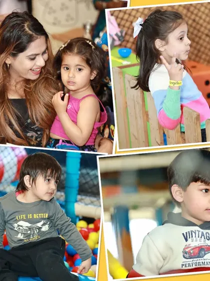 This collage says it all: happy kids make happy moms. You can see children exploring different parts of our play area, from the ball pit to the climbing structures.