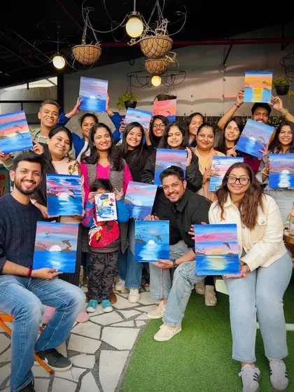The entire group from our Social Saket workshop, all smiles with their beautiful sunset paintings. What a fantastic and creative crowd!
