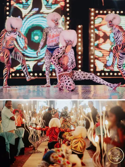 A collage showing the energetic and colorful Tiger Dance performance at a wedding event.