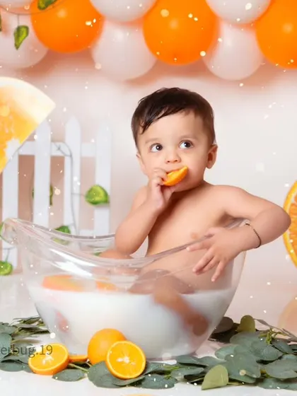 A fun and refreshing orange splash session, perfect for capturing a baby's playful side in a milk bath.