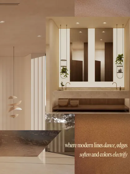 A mood board collage for the Karle Pinnacle project, showing the combination of modern lines, soft edges, and a warm, electrifying color palette.