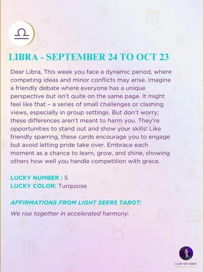 This week's tarot reading for Libra. You face a dynamic period where competing ideas and minor conflicts may arise. Embrace each moment as a chance to learn and grow.