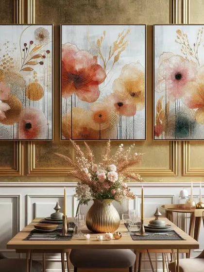 A set of three floral paintings designed to bring elegance and warmth to a dining area. We can create custom triptychs in various styles and color palettes, like these modern botanicals with gold accents, to perfectly suit your space.