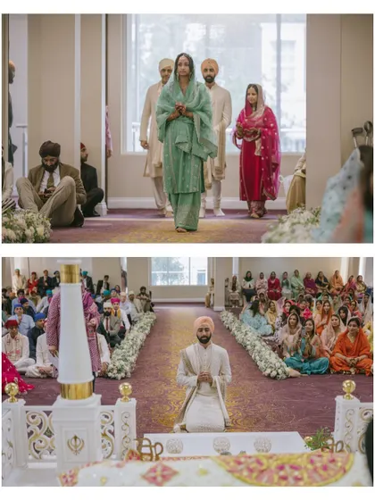 The bride's sister walks down the aisle at the Gurudwara before the Anand Karaj begins. In the background, the groom waits, creating a sense of anticipation for the ceremony to come.
