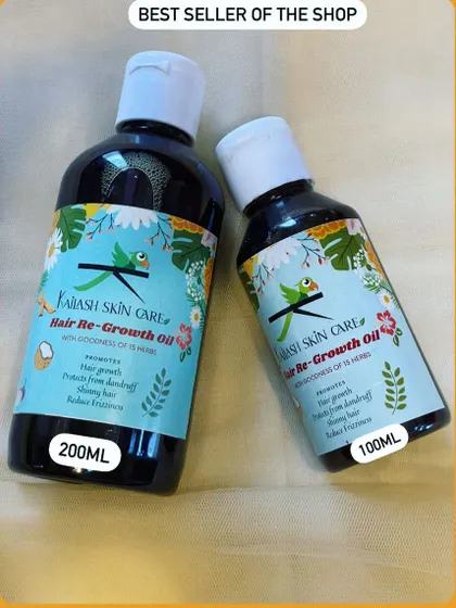 Meet my all time bestseller, the Hair Re-Growth Oil. I make this using a traditional recipe with more than 15 potent herbs to help reduce hair fall, fight dandruff, and promote new growth. It's available in both 100ml and 200ml bottles.