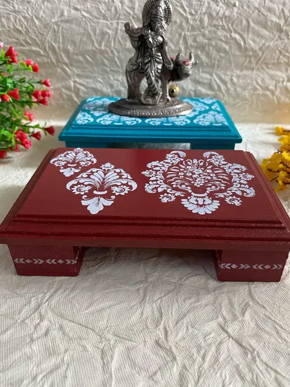 Another beautiful combination of my hand-painted chowkis, perfect for adding a decorative touch to your pooja setup.