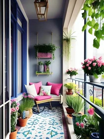 A colorful and lively balcony with bright pink cushions and a patterned outdoor rug. The hanging and potted plants add to the cheerful and vibrant atmosphere.