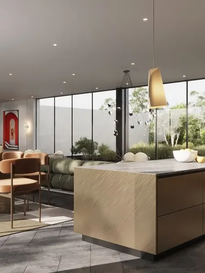 This view of the San Francisco project highlights the harmony between light, texture, and form. The open layout connects the kitchen, dining, and living areas, creating a flexible space for calm mornings and meaningful moments.
