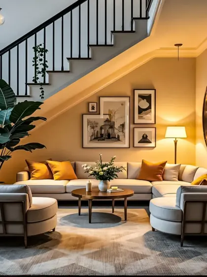 We utilized the often-overlooked space under a staircase to create this warm and inviting living room nook. The layout maximizes seating with a comfortable sectional sofa, complemented by a gallery wall and ambient lighting.