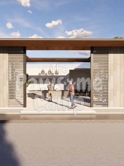 A 3D render of our modern and stylish reception building, the gateway to all the fun at The Pawsome Camp.