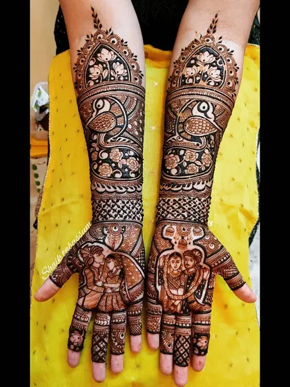 This vibrant design combines couple portraits with lush floral and peacock motifs. The use of negative space makes the figures and patterns pop, creating a visually stunning effect.