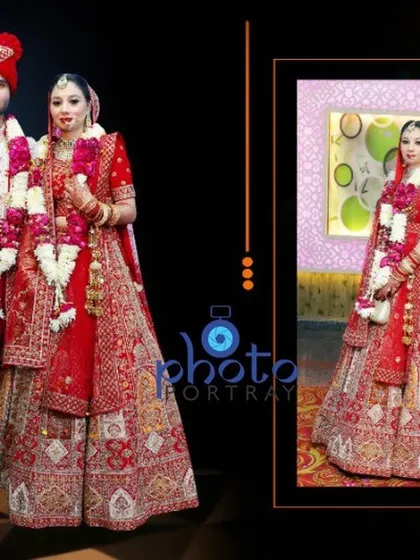 A wedding album layout featuring a classic portrait of the couple in their full wedding attire.