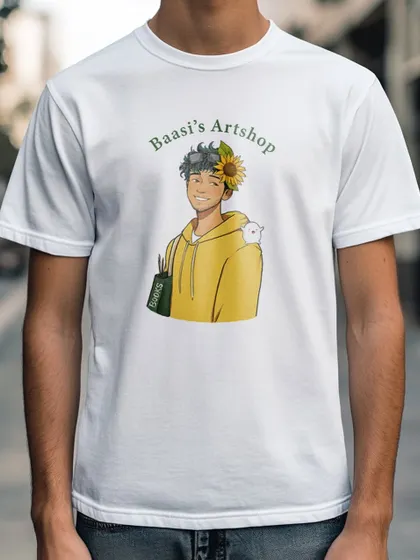 Here's a mockup of a t-shirt with my 'Baasi's Artshop' logo. I'm exploring different merchandise ideas to share my art in new ways.