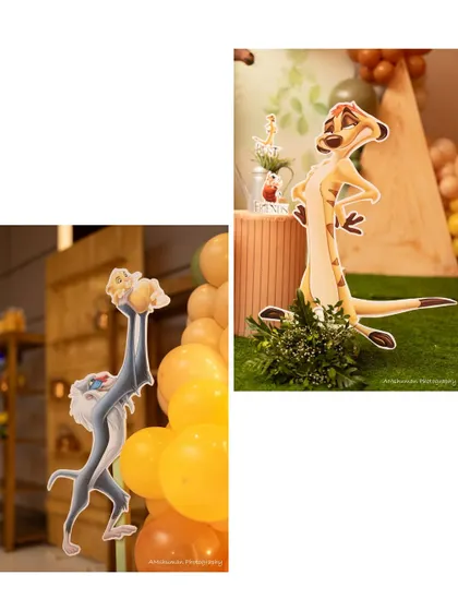 Iconic characters make the theme come alive. Here are our custom-made cutouts of Rafiki and Timon from The Lion King, placed strategically within the party setup.