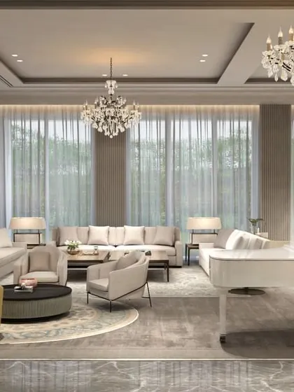 A render of the farmhouse living area, showing the planned layout with a grand piano as a centerpiece. This illustrates our process of visualizing how a family will live, move, and interact within the space before it's built.