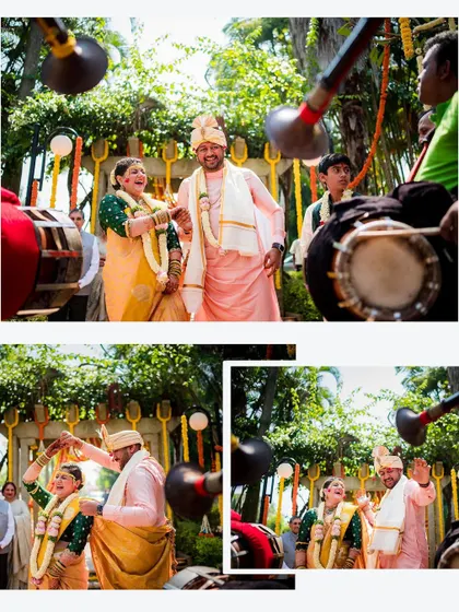 The bride and groom's playful dance as they are welcomed with traditional music. We love capturing the blend of solemnity and celebration in our wedding photography.