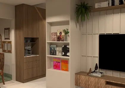 A render showing the living room from another angle, highlighting the coffee bar and storage unit.