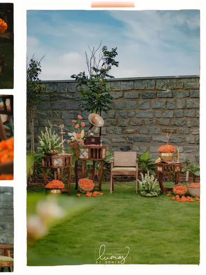 A wide shot of the creative housewarming setup, featuring vintage furniture and vegetable-based decor.