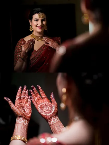 A collage showing the bride getting her henna done and admiring her jewelry in the mirror.