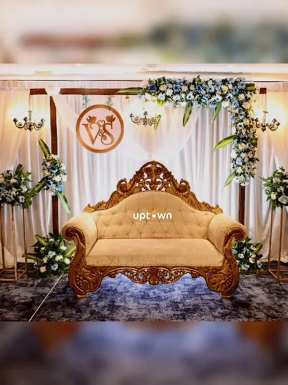 Another view of the modern blue and white engagement setup.