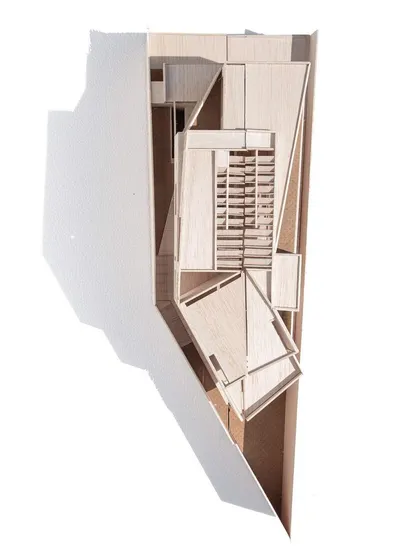 A top-down view of the Office A model, revealing the building's triangular footprint and the arrangement of internal courtyards and lightwells.