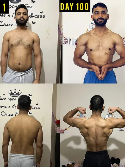 My client Amit, a busy professional from London, achieved this incredible body recomposition in 100 days. This front and back comparison highlights the fat loss around the waist and significant muscle development in his back and shoulders.
