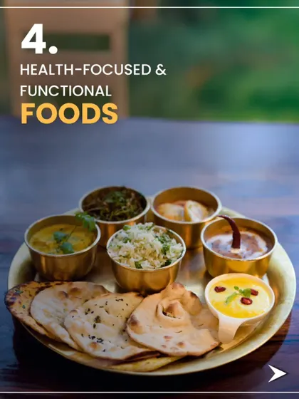 We also offer health-focused and functional foods. A traditional Indian thali with a variety of vegetable preparations, dal, rice, and roti, offering a balanced and wholesome meal.