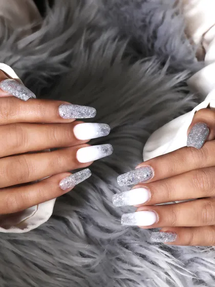 Another view of the sparkling glitter ombre nails, showing how they catch the light from every angle.