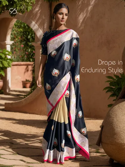 Drape yourself in enduring style with this black and cream half-and-half saree, featuring a beautiful lotus motif border.
