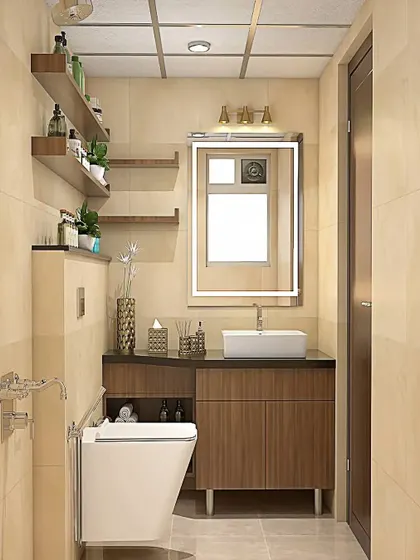 A compact bathroom layout that maximizes functionality. It includes a floating vanity, open shelving above the toilet, and a back-lit mirror, all in a warm, neutral color palette.