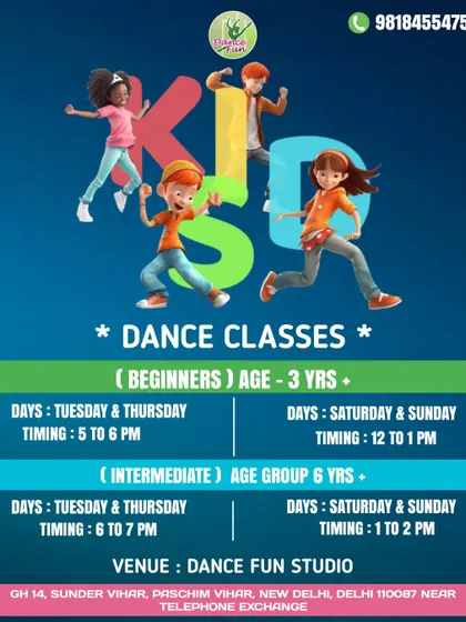 Our detailed schedule for kids' dance classes, with separate batches for beginners (3+ years) and intermediate (6+ years) to ensure age-appropriate and skill-focused training.