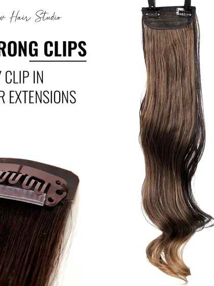 An image showcasing the strong, reliable clips on our clip-in hair extensions. The right side displays a beautiful ombre extension, perfect for adding dimension and style.