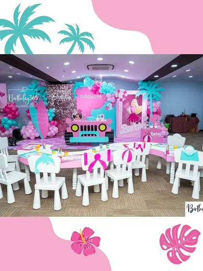 The kid's dining area at our Barbie-themed party. We provide themed chairs and table settings to make even the little guests feel special.