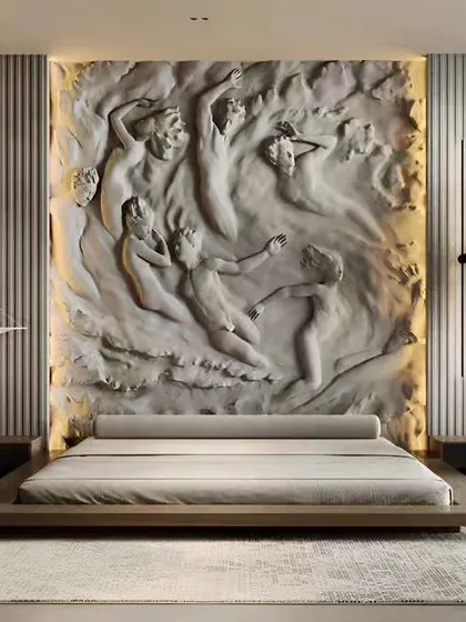 This bedroom design features a breathtaking bas-relief sculpture as a headboard, turning the wall into a major art piece. The low platform bed and minimalist side tables ensure the artwork remains the undisputed star of the room.