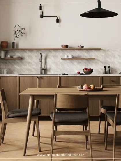 A minimalist dining area where a sleek wooden table and chairs are set against a clean, open kitchen backdrop, ideal for modern, uncluttered living.