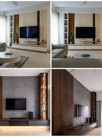This collage showcases two distinct media unit designs. The top one is a clean, white-and-wood unit with vertical slat details, while the bottom one is a darker, more dramatic design with integrated glass shelving for a sophisticated touch.