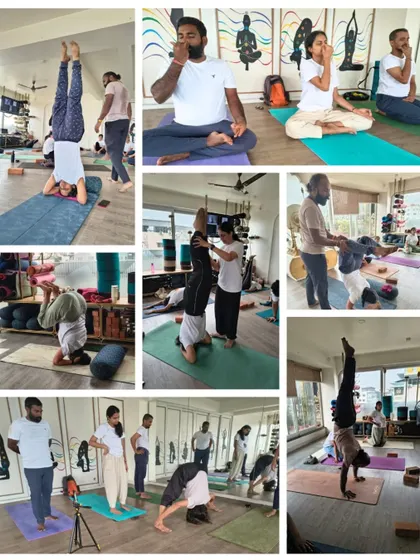 Transformation in our TTC involves strength, stillness, and support. This collection of moments captures our trainees exploring inversions, pranayama, and receiving personalized guidance, all part of their journey to becoming well-rounded yoga teachers.