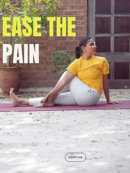 This image captures the essence of finding relief through yoga. The gentle twist shown here is excellent for releasing deep-seated tension along the spine, a common issue for those who spend their days at a desk.