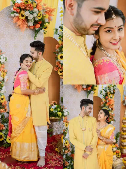 A beautiful collage of the couple in their second Haldi outfits, showcasing both tender embraces and classic portraits against the festive decor.